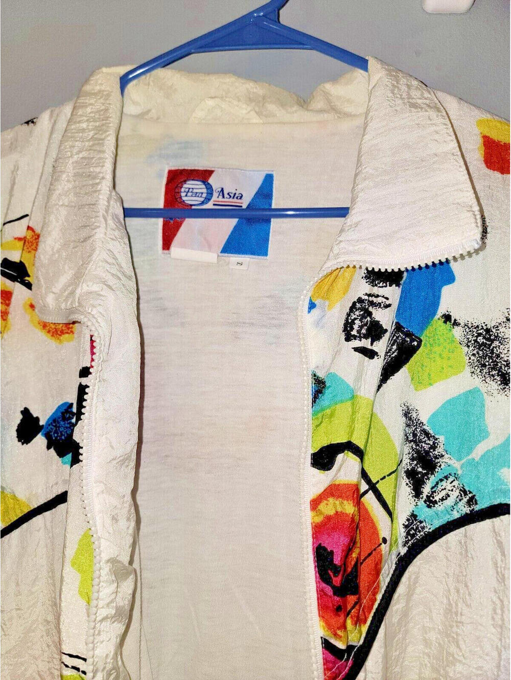 VTG 70s 80s Pan Asia Hip Full Art Retro White Windbreaker Fullzip Jacket S Small - Picture 4 of 14